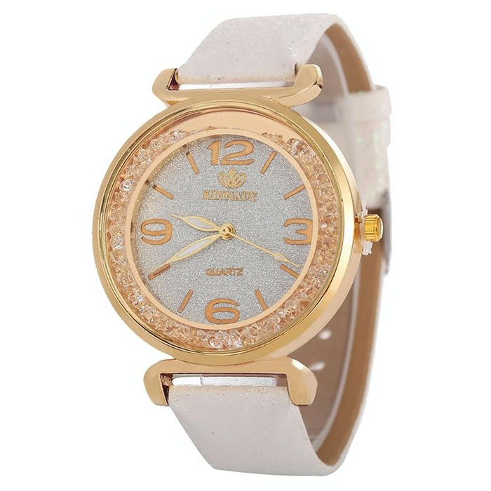 Women Rhinestone Gold Powder Pu Leather Strap Quartz Watch