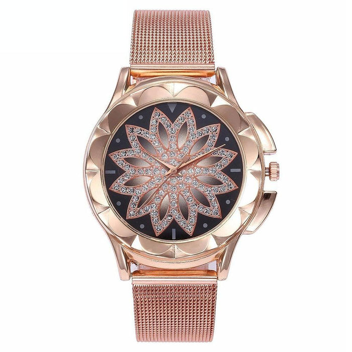 Women Fashion Flower With Rhinestone Mesh Belt Alloy Bracelet Quartz Watch Rose Gold