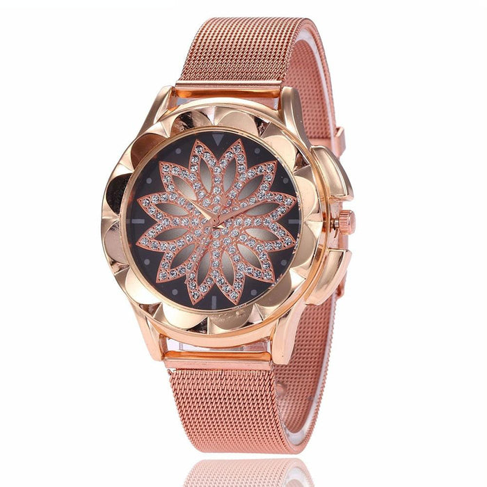 Women Fashion Flower With Rhinestone Mesh Belt Alloy Bracelet Quartz Watch Rose Gold