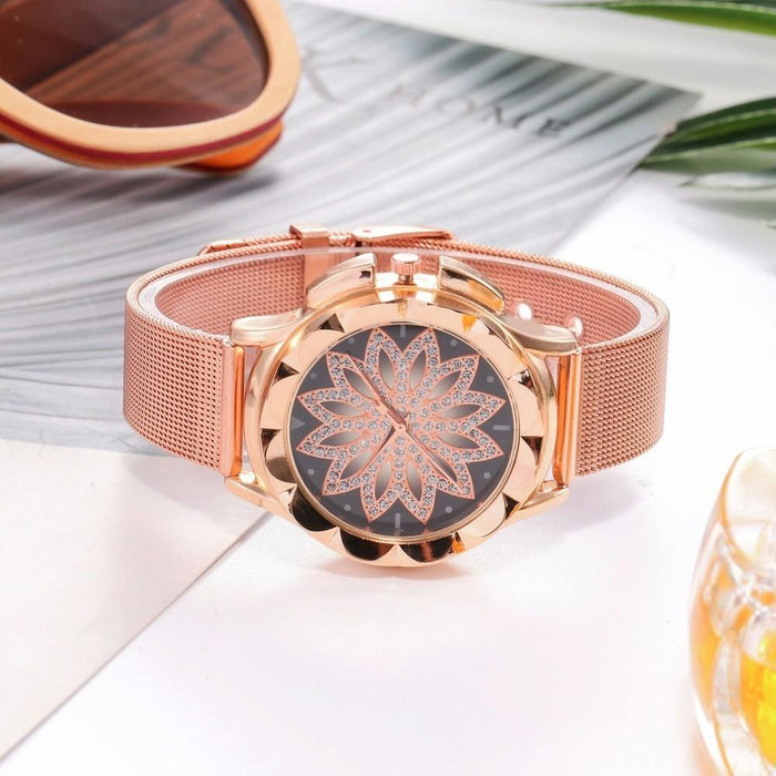 Women Fashion Flower With Rhinestone Mesh Belt Alloy Bracelet Quartz Watch Rose Gold