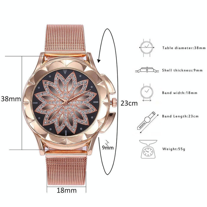 Women Fashion Flower With Rhinestone Mesh Belt Alloy Bracelet Quartz Watch Rose Gold