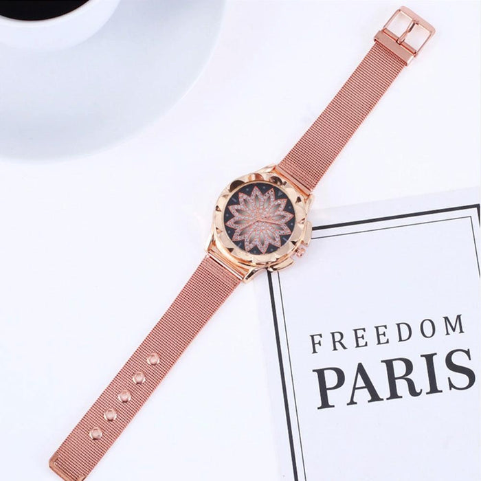 Women Fashion Flower With Rhinestone Mesh Belt Alloy Bracelet Quartz Watch Rose Gold