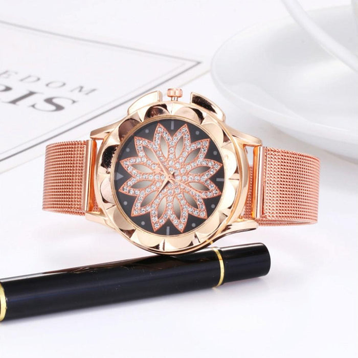 Women Fashion Flower With Rhinestone Mesh Belt Alloy Bracelet Quartz Watch Rose Gold