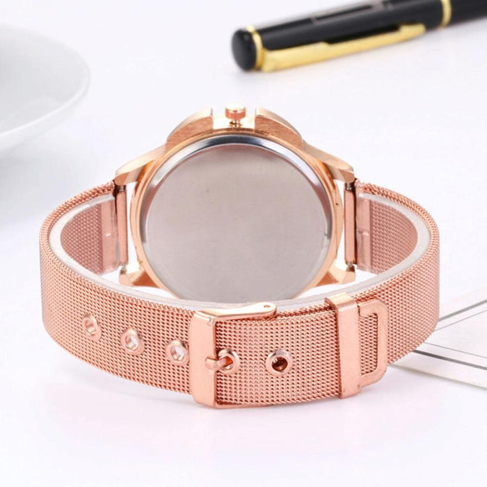 Women Fashion Flower With Rhinestone Mesh Belt Alloy Bracelet Quartz Watch Rose Gold