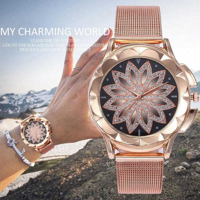 Women Fashion Flower With Rhinestone Mesh Belt Alloy Bracelet Quartz Watch Rose Gold