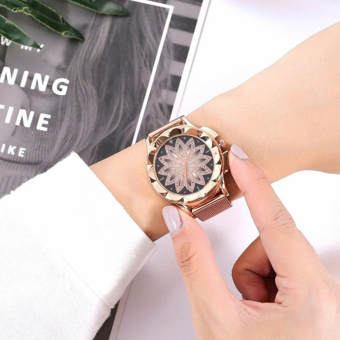 Women Fashion Flower With Rhinestone Mesh Belt Alloy Bracelet Quartz Watch Rose Gold