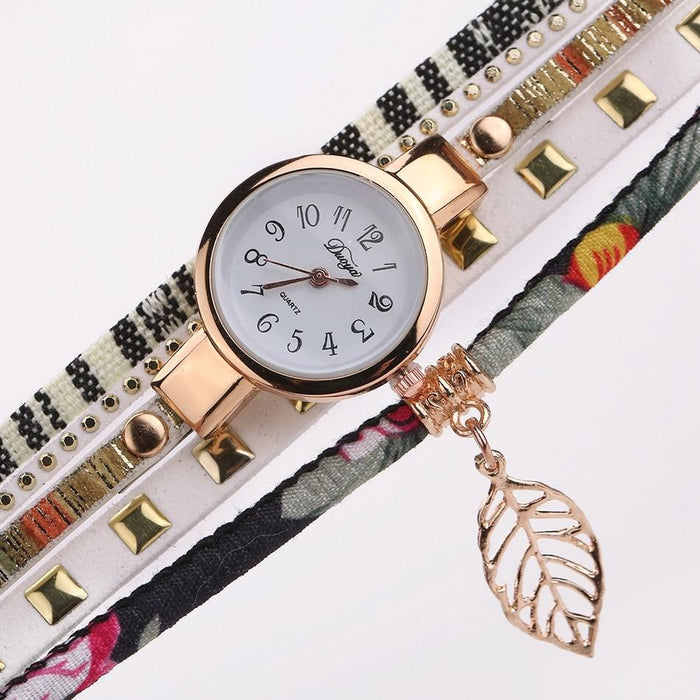 Women Quartz Bracelet Watch With Leaf Shape Pendant