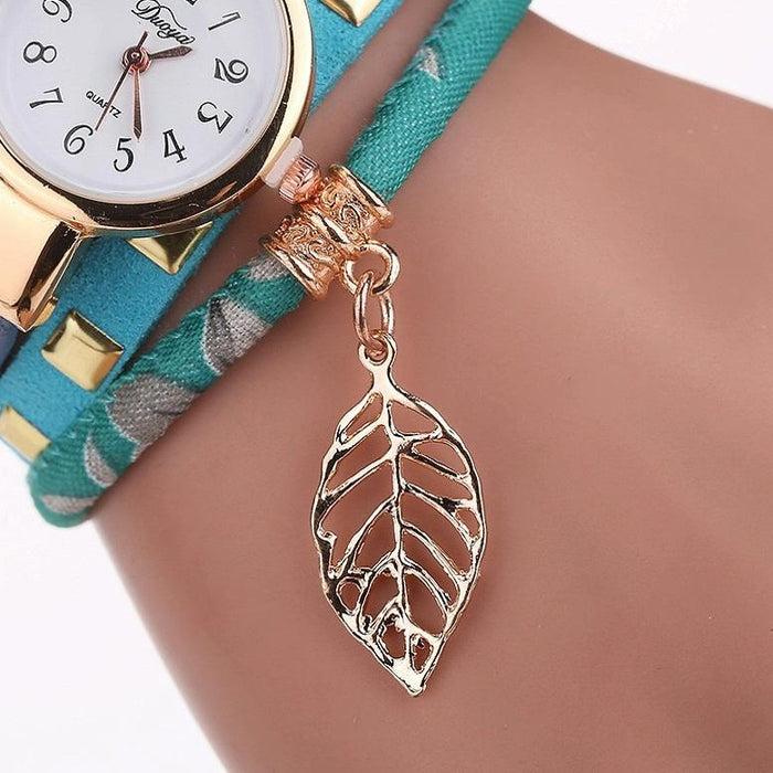 Women Quartz Bracelet Watch With Leaf Shape Pendant