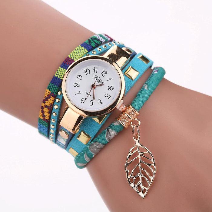 Women Quartz Bracelet Watch With Leaf Shape Pendant