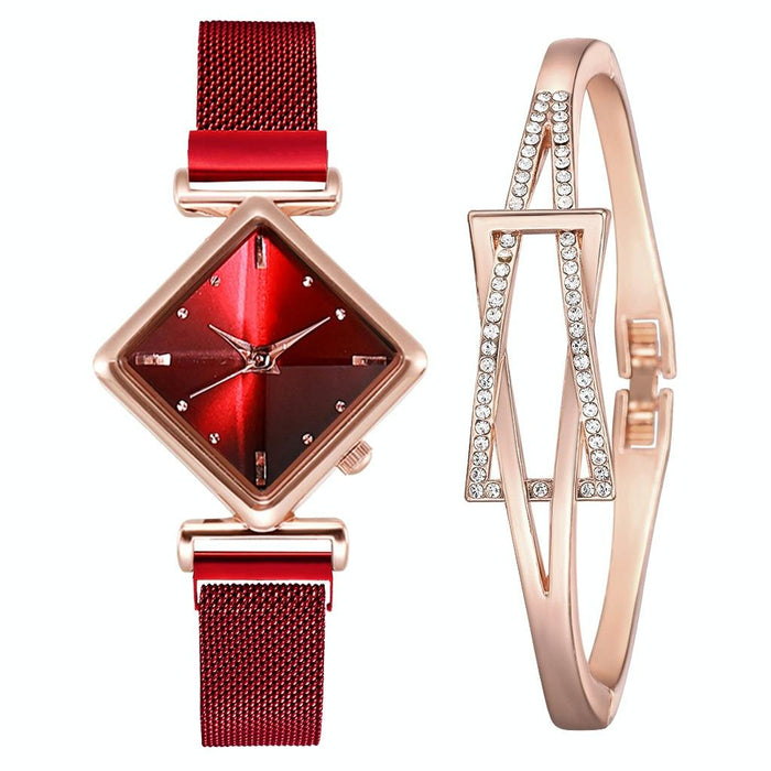 Women Diamond Dial Quartz Watch Red & Bracelet