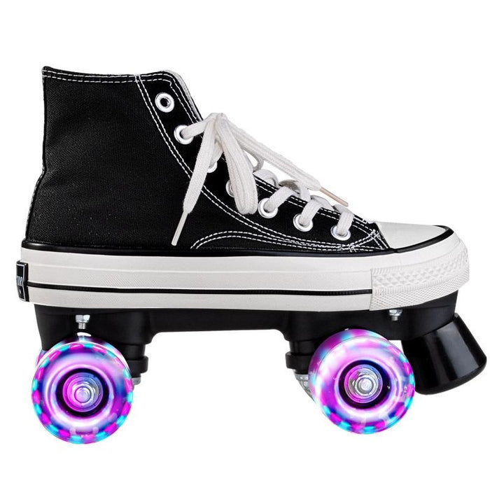 Flash Four-Wheel Canvas Double Row Roller Skating Shoes For Adult & Children - Size 38