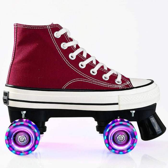 Flash Four-Wheel Canvas Double Row Roller Skating Shoes For Adult & Children - Size 38