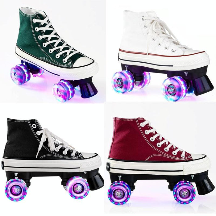 Flash Four-Wheel Canvas Double Row Roller Skating Shoes For Adult & Children - Size 38