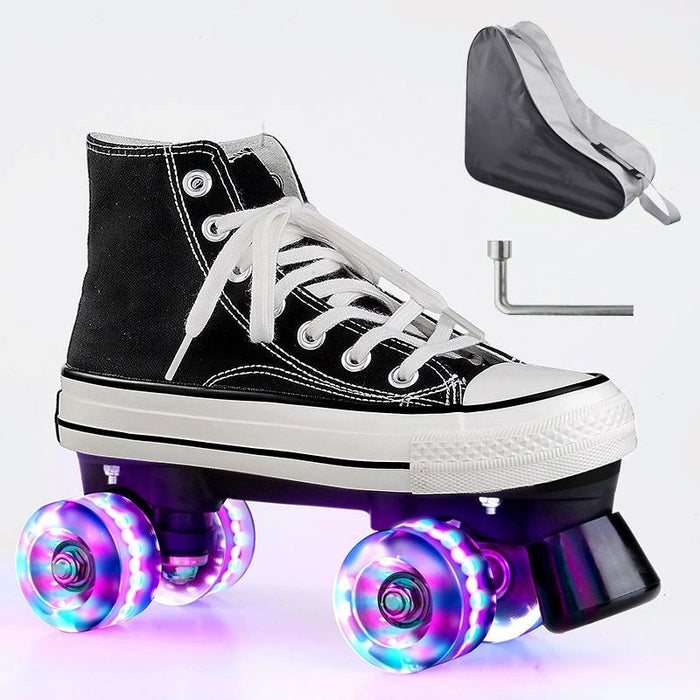 Flash Four-Wheel Canvas Double Row Roller Skating Shoes For Adult & Children - Size 38