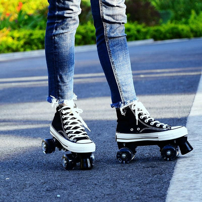 Flash Four-Wheel Canvas Double Row Roller Skating Shoes For Adult & Children - Size 38