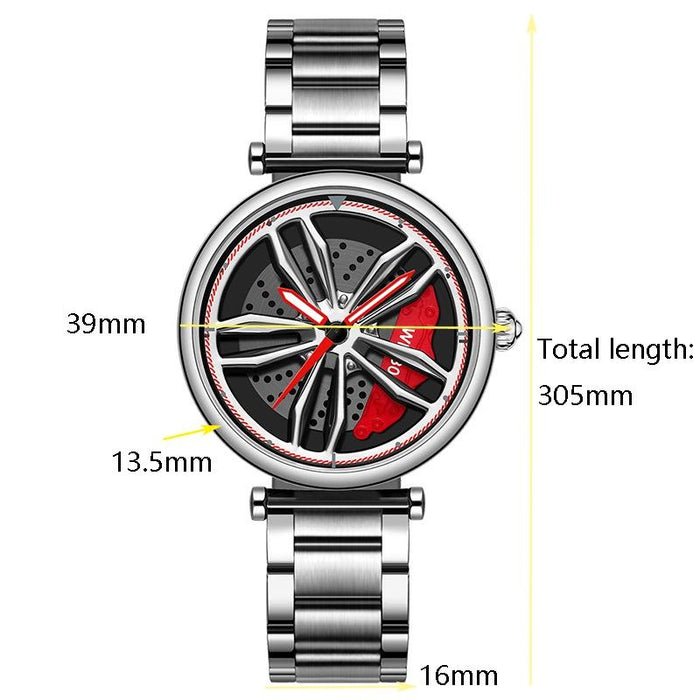 P1074 Cool Couple Steel Band Quartz Wheel Series Dial Women Watch