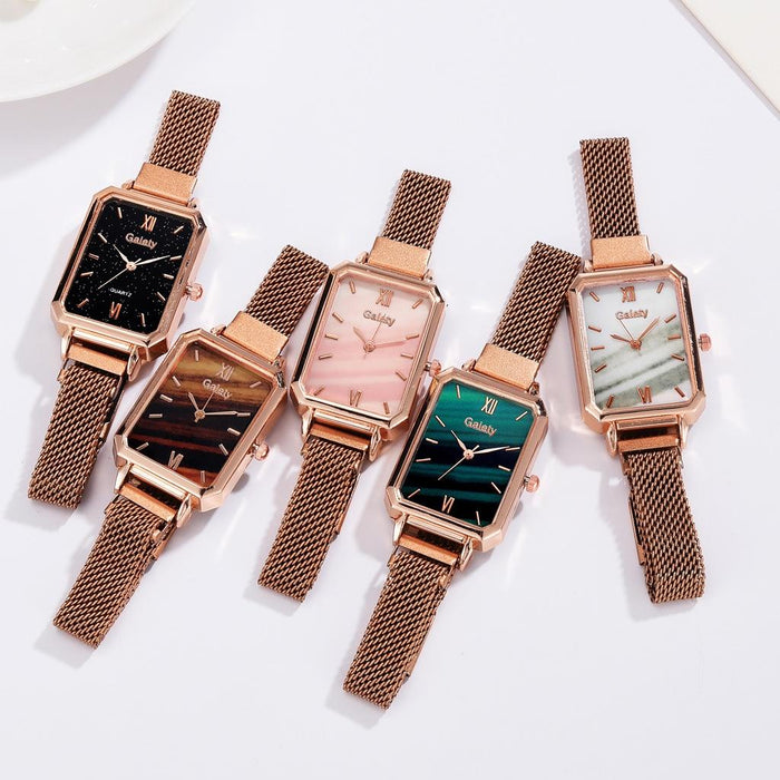 G690 Retractable Magnet Buckle Women Mesh Belt Small Square Dial Bracelet Watch