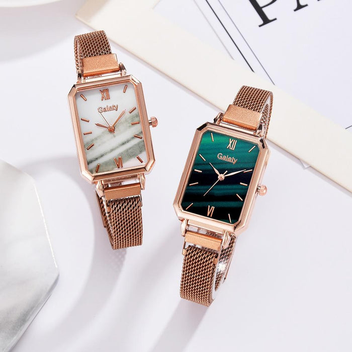 G690 Retractable Magnet Buckle Women Mesh Belt Small Square Dial Bracelet Watch