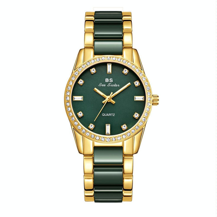 Fa1629 Vintage Ceramic Rhinestone Women Watch Peacock Green