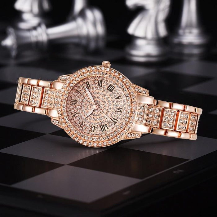 Full Diamond Roman Literal Steel Strap Quartz Watch Rose Gold