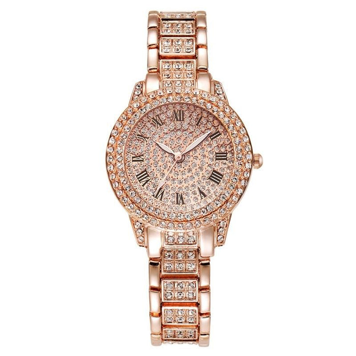 Full Diamond Roman Literal Steel Strap Quartz Watch Rose Gold