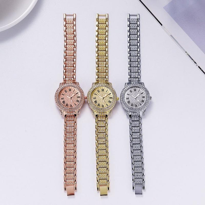 Full Diamond Roman Literal Steel Strap Quartz Watch Rose Gold