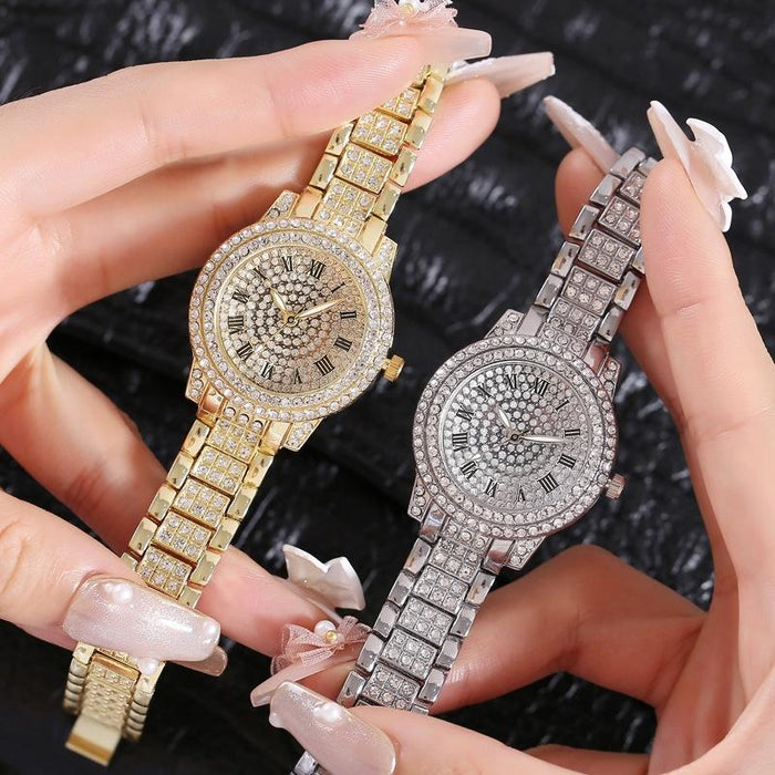 Full Diamond Roman Literal Steel Strap Quartz Watch Rose Gold