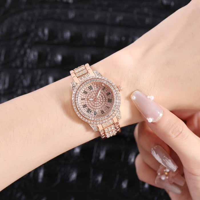 Full Diamond Roman Literal Steel Strap Quartz Watch Rose Gold