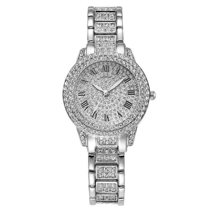 Full Diamond Roman Literal Steel Strap Quartz Watch Silver