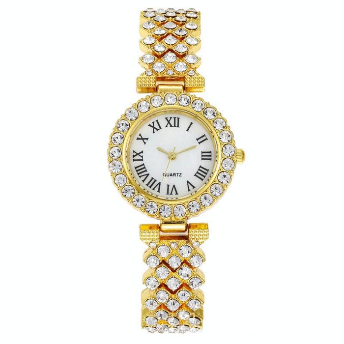 Roman Pattern Diamond Women Quartz Watch Gold