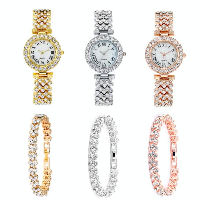 Roman Pattern Diamond Women Quartz Watch Gold