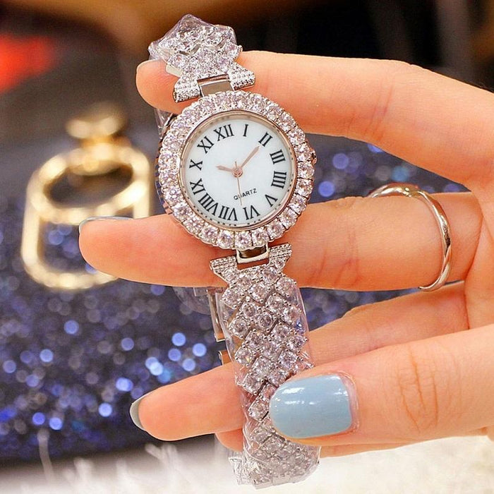 Roman Pattern Diamond Women Quartz Watch Gold