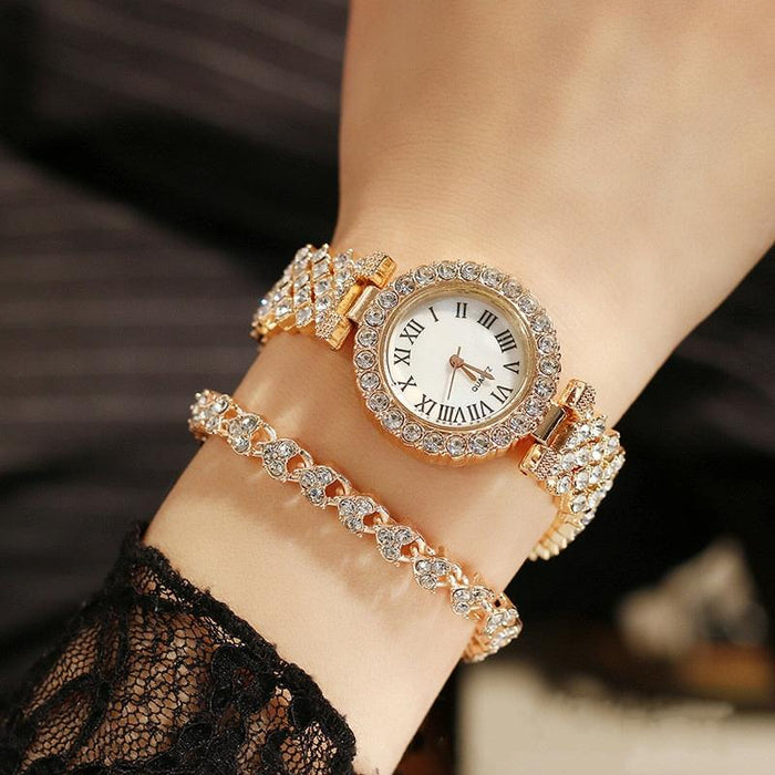 Roman Pattern Diamond Women Quartz Watch Gold