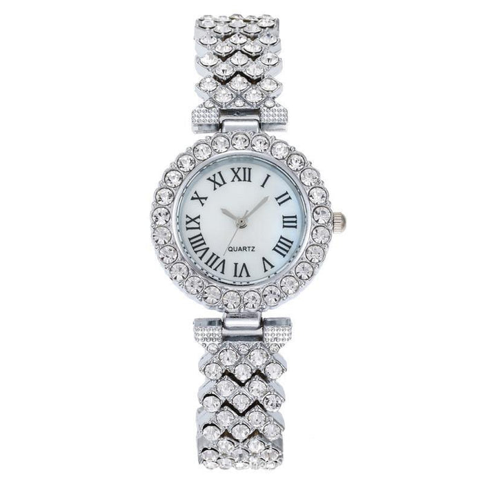 Roman Pattern Diamond Women Quartz Watch Silver