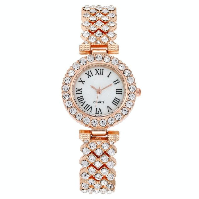 Roman Pattern Diamond Women Quartz Watch Rose Gold