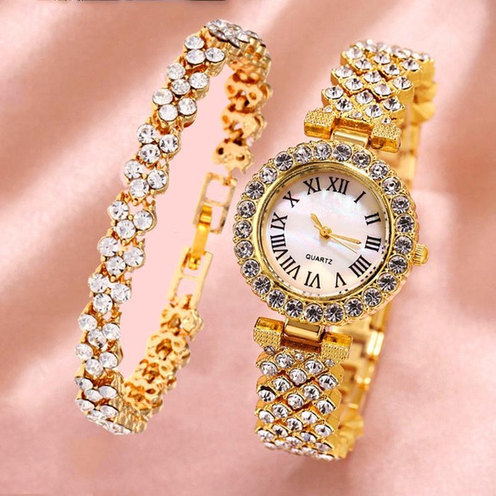 Roman Pattern Diamond Women Quartz Watch Gold & Bracelet