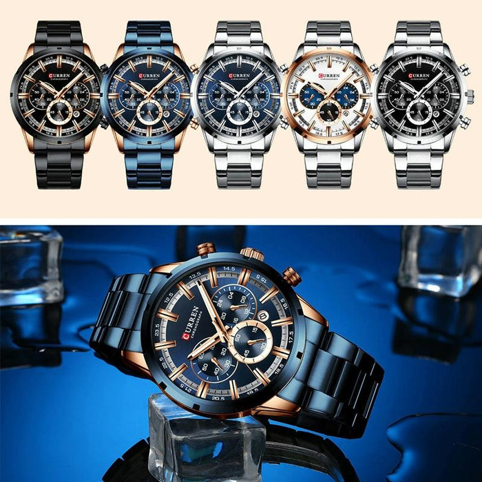 M8355 Men Waterproof Quartz Six Stitches Calendar Steel Belt Business Watch