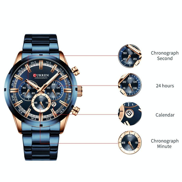 M8355 Men Waterproof Quartz Six Stitches Calendar Steel Belt Business Watch