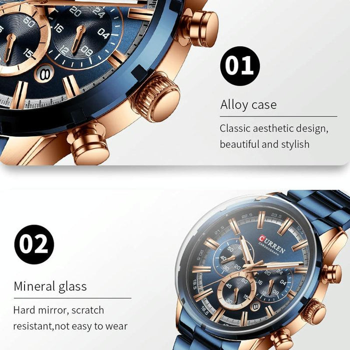 M8355 Men Waterproof Quartz Six Stitches Calendar Steel Belt Business Watch