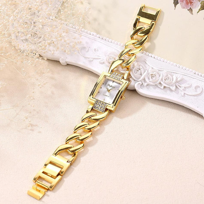 Square Dial Diamond Plated Hollow Alloy Bracelet Strap Quartz Watch For Women