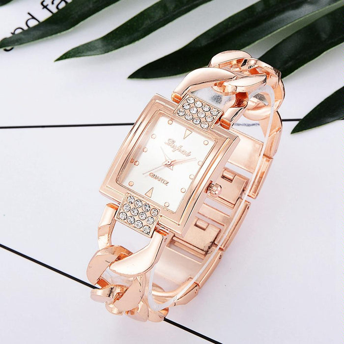 Square Dial Diamond Plated Hollow Alloy Bracelet Strap Quartz Watch For Women