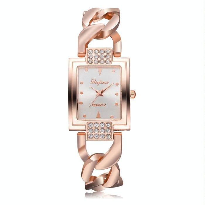 Square Dial Diamond Plated Hollow Alloy Bracelet Strap Quartz Watch For Women