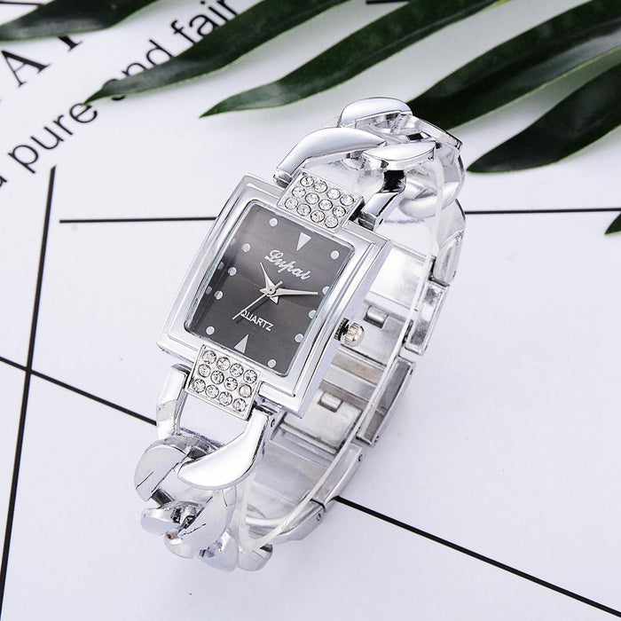 Square Dial Diamond Plated Hollow Alloy Bracelet Strap Quartz Watch For Women