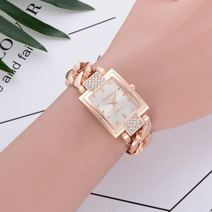 Square Dial Diamond Plated Hollow Alloy Bracelet Strap Quartz Watch For Women