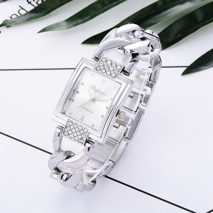 Square Dial Diamond Plated Hollow Alloy Bracelet Strap Quartz Watch For Women