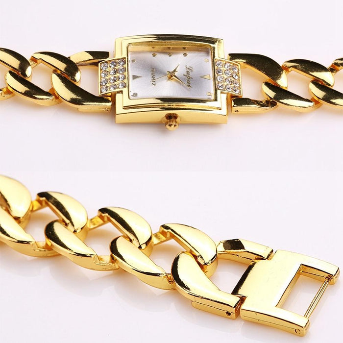 Square Dial Diamond Plated Hollow Alloy Bracelet Strap Quartz Watch For Women