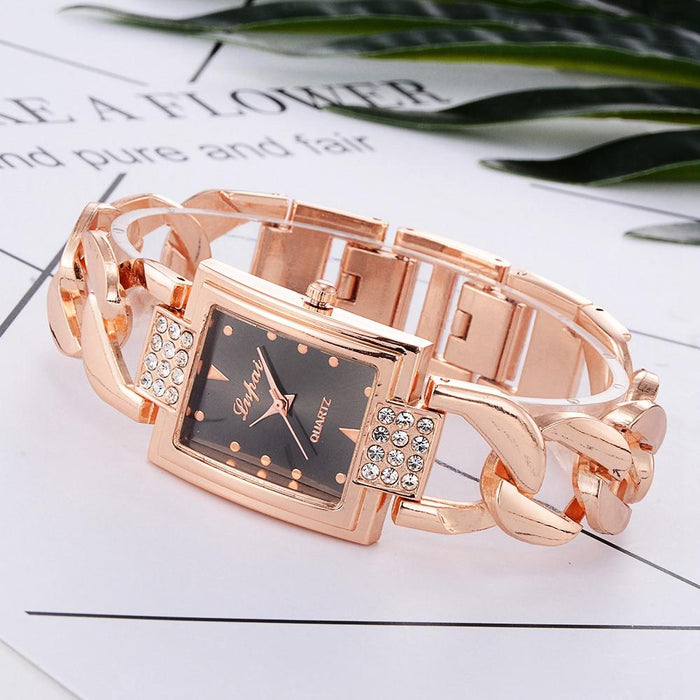 Square Dial Diamond Plated Hollow Alloy Bracelet Strap Quartz Watch For Women