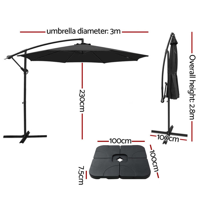 3M Umbrella W/Base Outdoor Cantilever Beach Garden Patio Parasol Charcoal