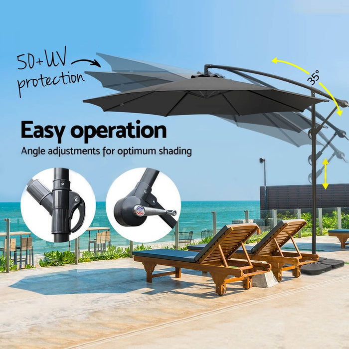 3M Umbrella W/Base Outdoor Cantilever Beach Garden Patio Parasol Charcoal