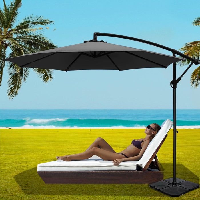 3M Umbrella W/Base Outdoor Cantilever Beach Garden Patio Parasol Charcoal